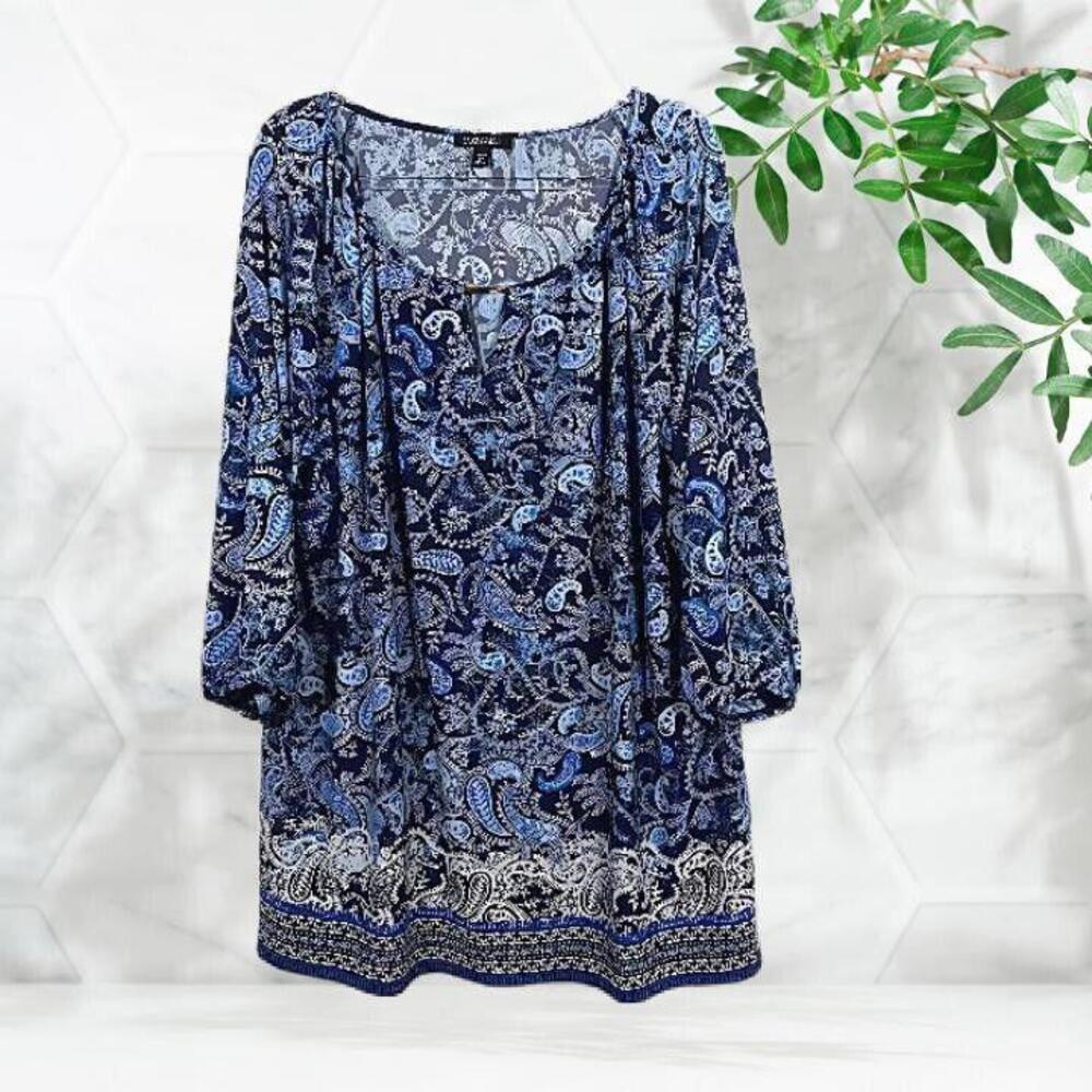 New Roz & Ali Womens Size 2X Pretty Blue Paisley Floral Knit Tunic Stretch Top